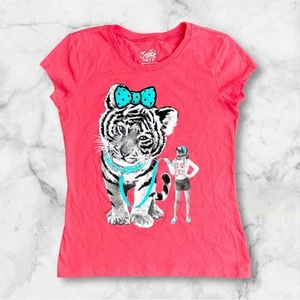 Justice Girl's Graphic Print T-Shirt Size 8 Tiger I Love Cats Coral So Cute! - Picture 1 of 4