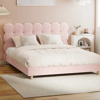 Oikiture Bed Frame Queen Size Tufted Bedhead Boucle Fabric Pink - image 1 of 4