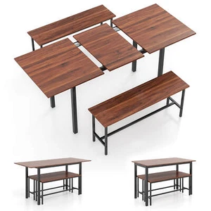 3 PCS 63" Extendable Kitchen Table Set w/ 2 Benches Metal Frame for Small Space - Picture 1 of 8