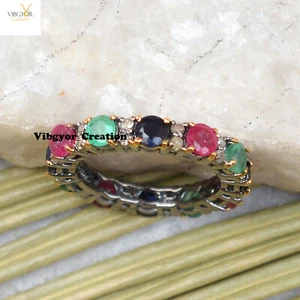 Natural Multi Gemstone Eternity Band Ring Pave Diamond 925 Sterling Silver Gift - Picture 1 of 7