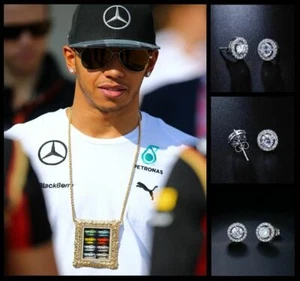 Men’s Lewis Hamilton 10mm Round 18k White Gold Multi-Cubic Zirconia Earrings - Picture 1 of 7