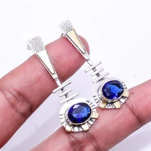 Blue Sapphire (Simulated) Gemstone 925 Sterling Silver Two Tone Earring 1.95" E4 - Picture 1 of 3