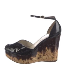 Vintage Saint Laurent YSL Black Patent Leather Wedge Pumps Heels EU 40 US 9 VTG - Picture 1 of 14