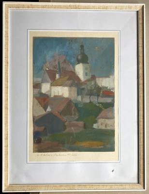 Iglesia de San Nicolás en Neukirchen Gouache sin firmar alrededor de 1920 vista a la ciudad antigua Foto 1 de 4