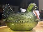 Vintage Glass Hen On Nest Avocado Green Chicken Covered Candy Dish, Hob Nail