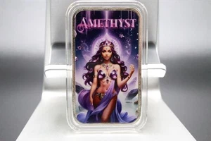 GEMSTONE GODDESSES Amethyst 1oz Silver Bullion Art Bar Precious Gem Collectible - Picture 1 of 4
