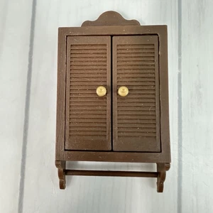 Vintage Dollhouse Miniature Medicine Cabinet With Towel Bar Brown 3" Bathroom - Picture 1 of 8