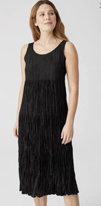 Eileen Fisher Crushed Silk Scoop Neck Sleeveless Slip Midi Dress Black M NEW - Picture 1 of 13