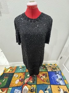 Brilliante de colección de J.A. Vestido años 80 90 negro con cuentas solapa hombro acolchado 100% seda M - Imagen 1 de 6