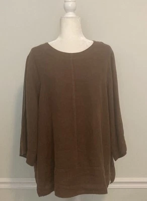 Lo último Top de algodón de Marc Ware marrón lino cuello redondo manga 3/4 para mujer talla grande 1X Foto 1 de 4