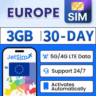 JetSim Europe Travel SIM Card (30 Days) 3GB 5G/4G LTE High-Speed Data 3-in-1 SIM - Image 1 of 4
