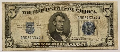 Bonito billete de plata de 5 dólares 1934-D certificado excelente para coleccionistas 1934 D! Foto 1 de 2