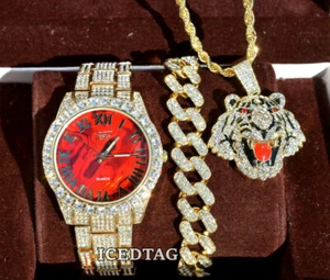 MENS ICED HIP HOP GOLD PT WATCH & FULL ICED TIGER NECKLACE & BRACELET COMBO SET - Picture 1 of 11
