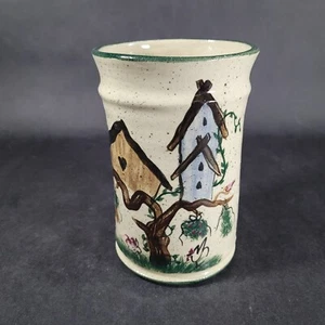 Studio Art Pottery Vase Hand Painted Birdhouse By C. Miller Signed - Picture 1 of 10