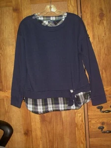 IZOD Women's Navy Tie-Front 2-Fer Sweatshirt Flannel Plaid Hi-Lo Hem size Large - Picture 1 of 7