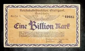 1923 Alemania REICHSBAHN 1 billón / 1.000.000.000.000 marcos billete Stuttgart - Imagen 1 de 2