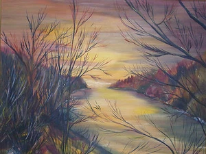 Gemälde Hst Signiert 1988 Landschaft Seengebiet Zur Dämmerung Zeitgenössisch - Picture 1 of 9