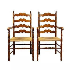 Tell City Ladder Back Arm Chairs - Pair, Solid Hard Rock Maple, Woven Rush Seat - Picture 1 of 10