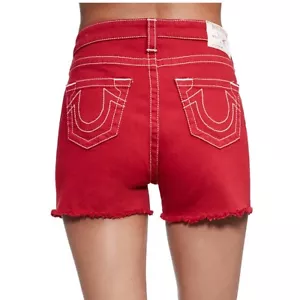 True Religion Women's High Waisted Cut Off Jean Shorts in Ruby Red - Picture 1 of 4