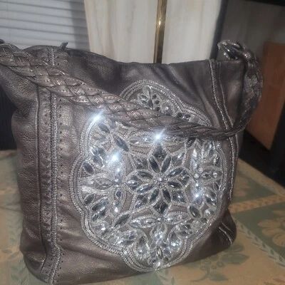 Brighton Masterpiece Anju Leather Hobo Bucket Shoulder Bag  Pewter Beads -read  - Image 1 of 4