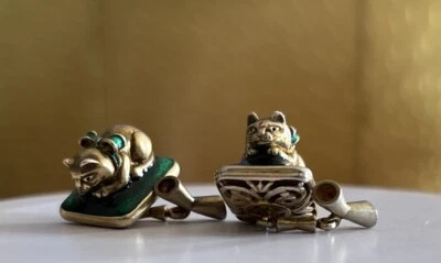 Gemelos exquisitos de plata esterlina esmaltados verde guilloche para hombre gato gatito Foto 1 de 4