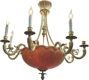 Large Vintage 1980s 12-Light Empire Style Chandelier With Alabaster Bowl - Picture 1 of 13