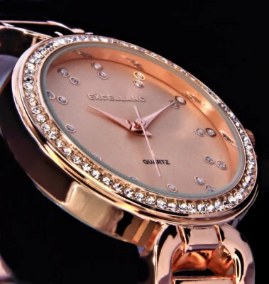 Excellanc Uhr Damenuhr Armbanduhr Rose Gold Farben Metall Strass Flaches Design - Bild 1 von 4