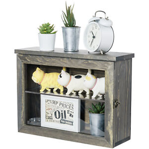 Gray Wood Wall Mounted Shadow Box, Display Case w/ Metal Latch and Acrylic Shelf