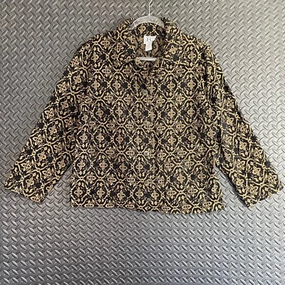 Jaqueta Field Gear preta dourada floral abstrata geométrica botão feminina tamanho grande - Imagem 1 de 4