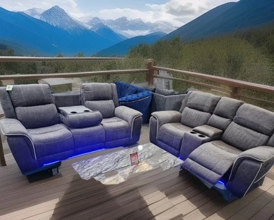 Hannah 3 + 2 Grey Sofa Set Micro Fibre Fabric Electrical Recliners + Blue LED - Image 1 of 4