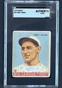 1933 GOUDEY #52 ANDY COHEN SGC AUTHENTIC NEW YORK GIANTS BASEBALL CARD. - Picture 1 of 2