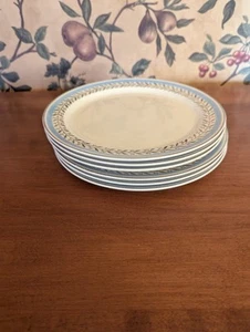 6-VINTAGE TAYLOR SMITH TAYLOR #1842 SALAD PLATES 8-3/8" BLUE,PLATINUM LAUREL - Picture 1 of 6