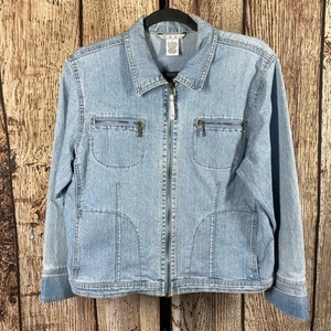 CABI Women's Size L Blue Jean Jacket Zip Front Pockets Cuffs Faded Distressed - Picture 1 of 6