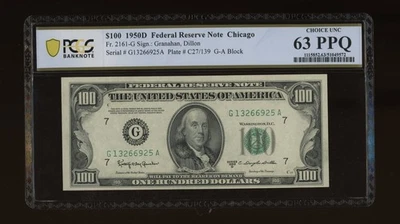 DBR 1950-D $100 FRN Chicago Fr. 2161-G PCGS-B 63 PPQ Serial G13266925A - Image 1 of 2