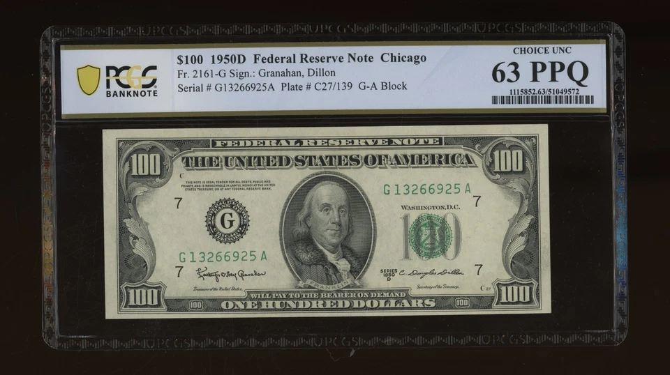 DBR 1950-D $100 FRN Chicago Fr. 2161-G PCGS-B 63 PPQ Serial G13266925A - Image 1 of 2