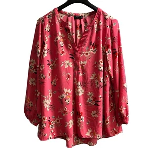 Tahari Top Womens 1X Pink Floral Chiffon Popover Tunic Balloon Sleeve Artsy - Picture 1 of 7
