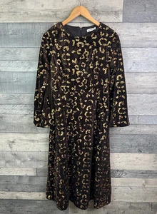 Vestido Midi Terciopelo Monzón Talla UK 12 Marrón Arwen Lentejuelas Leopardo Mangas Largas - Imagen 1 de 11
