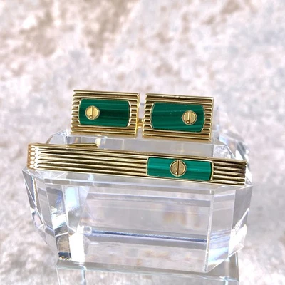 Vintage Dunhill Cufflinks & Tie Bar Clip Set Green Malachite & Gold Finish - Bild 1 von 4