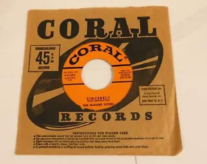 SINCERELY & NO MORE THE MCGUIRE SISTERS CORAL RECORDS 45 RPM - Picture 1 of 4