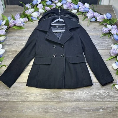 Chaqueta Abrigo Apostrophe Negro Guisante Con Capucha Para Mujer Talla Mediana Doble Pecho Lana Foto 1 de 4