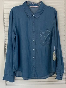 KALE GENERATION WOMEN'S BOTTON UP BLUE LONG ROLL TAB SLEEVE BLOUSE SIZE XL NWT - Picture 1 of 2