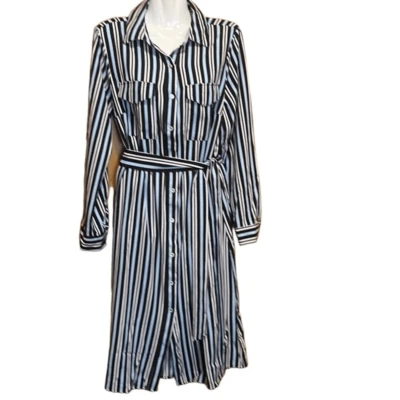 NY Collection shirt dress Sz M blue vertical stripe modest roll tab sleeve NWT - Image 1 of 4