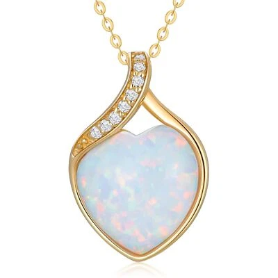 YDD 14k Solid Gold White Opal Necklace for Women Heart Shape Opal with Genuin... - Image 1 of 4