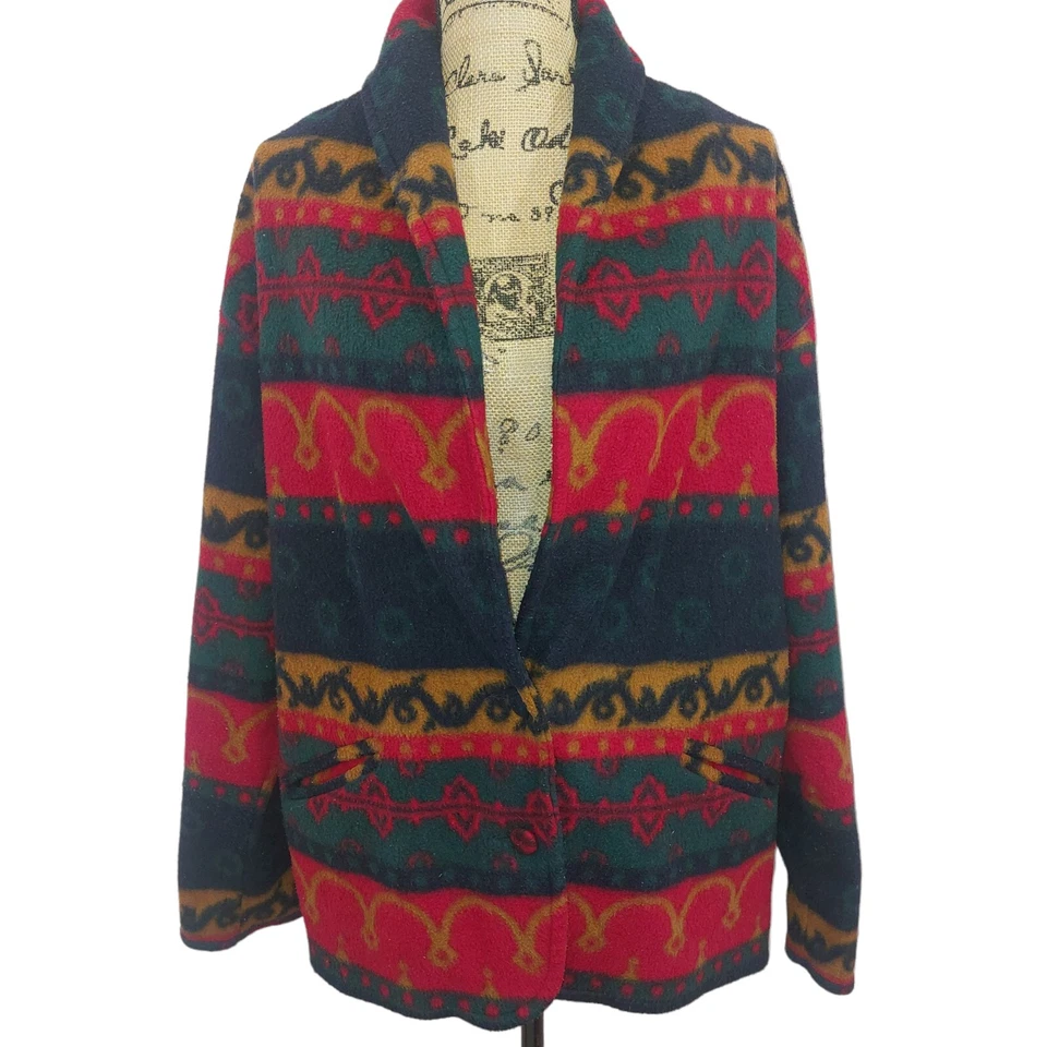 VTG Cabin Creek Jacket Womens Sz M RED BLUE GREEN Fleece Shoulder Pads Geometric - Image 1 of 4