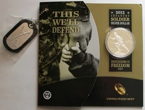 2012-W Infantry Soldier Proof Silver Dollar & Dog Tag, Defenders Of Freedom Set - Picture 1 of 5