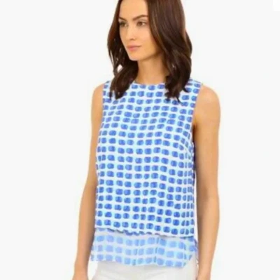 Camiseta sin mangas KATE SPADE Island Stamp en capas azul seda transparente blanco XS Foto 1 de 4