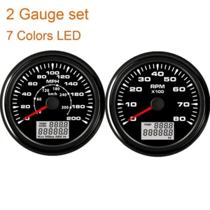 2 Gauge Set GPS 200MPH 300km/h Speedometer 8000rpm Tachometer 7 Colors LED Black - Picture 1 of 8
