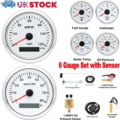 6 Gauge Set with Sensor 85mm White GPS Speedometer 120MPH Tacho 8000RPM Gauge UK - Image 1 of 4
