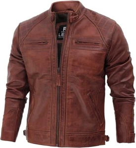 Kids Real Lambskin Leather Biker Jacket - Quilted Cafe Racer Zip Up Moto Jackets - Picture 1 of 17