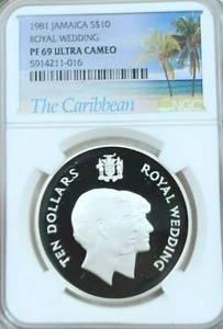 1981 JAMAICA SILVER 10 DOLLARS ROYAL WEDDING NGC PF 69 ULTRA CAMEO RARE TOP POP - Picture 1 of 4